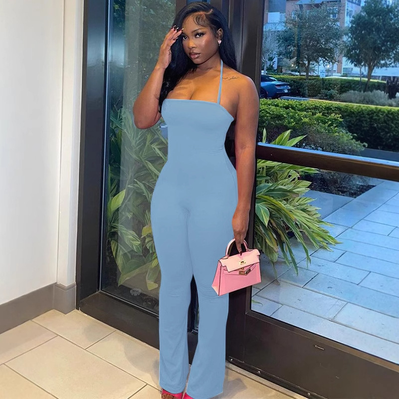 Amazon Cross-Border Women's Clothing 2025 Spring New Fashion Sexy Backless Tube Top Halterneck Pure Color Bottoming Jumpsuit