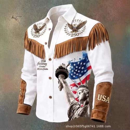 2026 New Cross-Border Men's Clothing Retro Distressed Western American 250Th Anniversary Commemorative Printed Tassel Shirt 2026 New Cross-Border Men's Clothing Retro Distressed Western American 250Th Anniversary Commemorative Printed Tassel Shirt