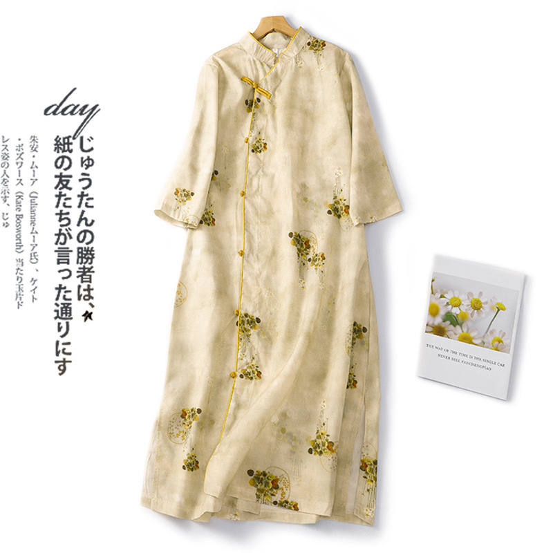 New Chinese-style Modified Printed Cheongsam Women's 2024 Spring New Loose Slimming Full Open-breasted Collar Long-sleeved Dress