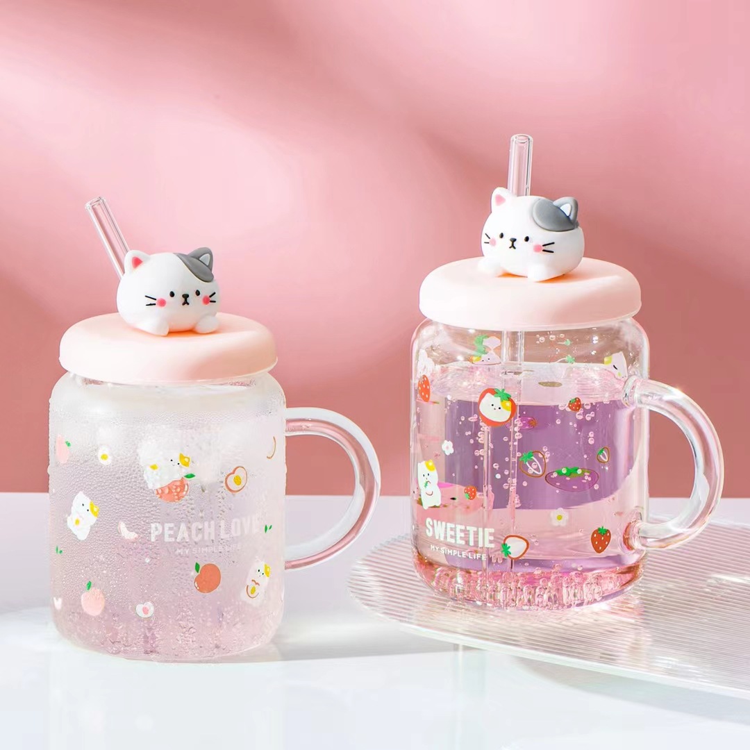 Personalidad creativa chica corazón rosa fresa gato paja taza de agua regalo gran capacidad Oficina Lemon dibujos animados