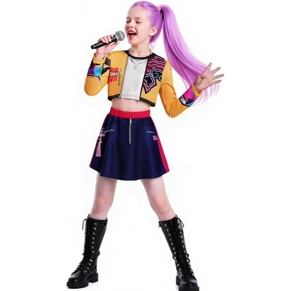 2025亚马逊新款女孩恶魔猎人服装搭配流行歌手3D印花女装童装套装|undefined