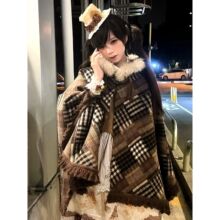 JK毛呢大衣冬季高级感无袖洛丽塔披肩棕色流苏连帽加厚斗篷短外套