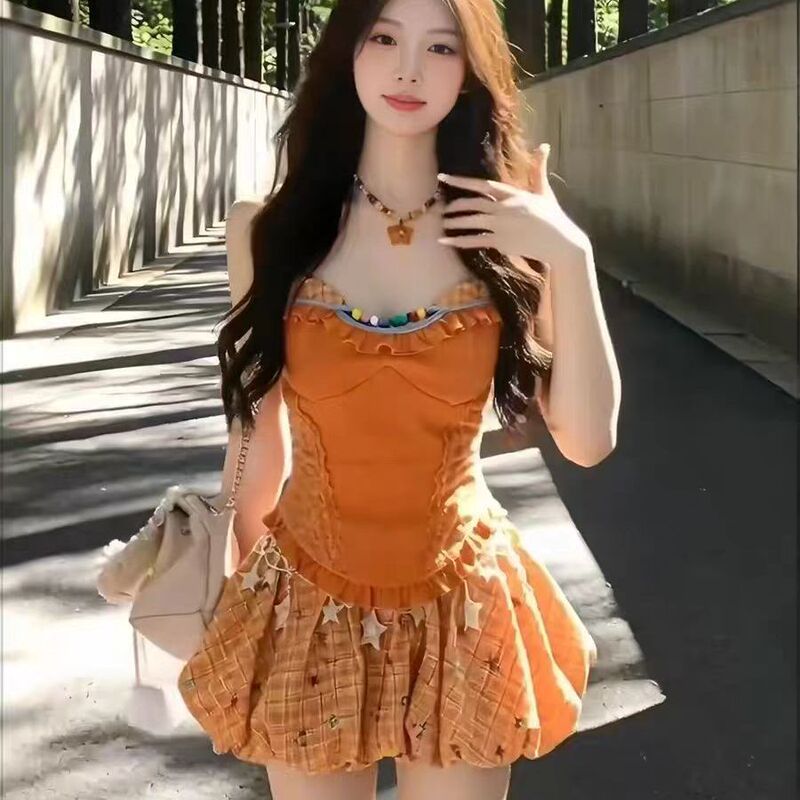 Beach Vacation Style Summer New Short Vest Camisole Top for Women with a Stylish Design and Plaid Floral Short Skirt Set Beach Vacation Style Summer New Short Vest Camisole Top for Women with a Stylish Design and Plaid Floral Short Skirt Set