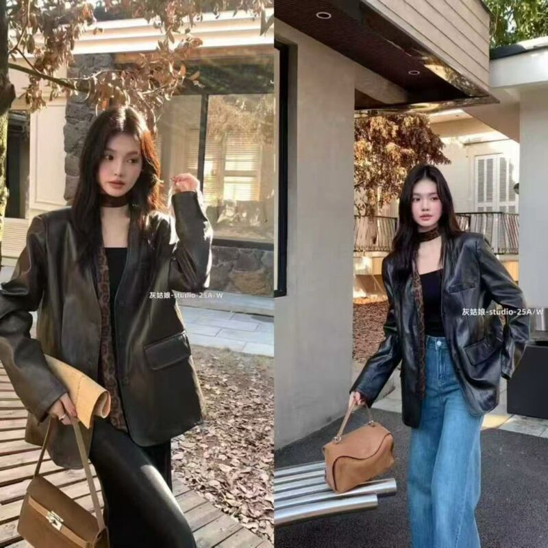 Leopard Print Patchwork Blazer Leather Jacket for Women, Autumn and Winter New Stylish Slimming Commuter French Jacket Versatile Top