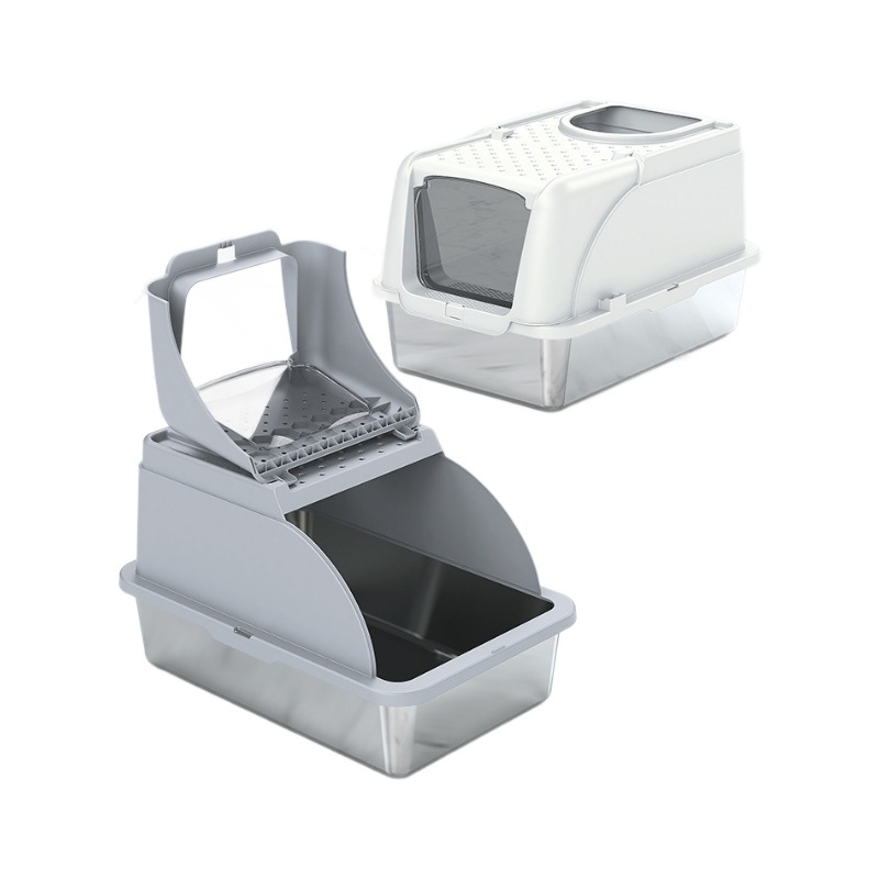 Caja de arena de acero inoxidable Caja de arena para gatos completamente cerrada Caja de arena para gatos de gran tamaño anti-salpicaduras