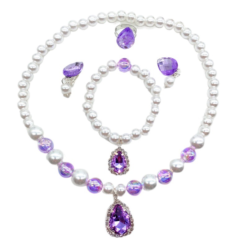 Children's Necklace Set Bracelet Ring Earrings Imitation Crystal Gemstone Princess Necklace Accessories 3-6-8 Years Old Girl