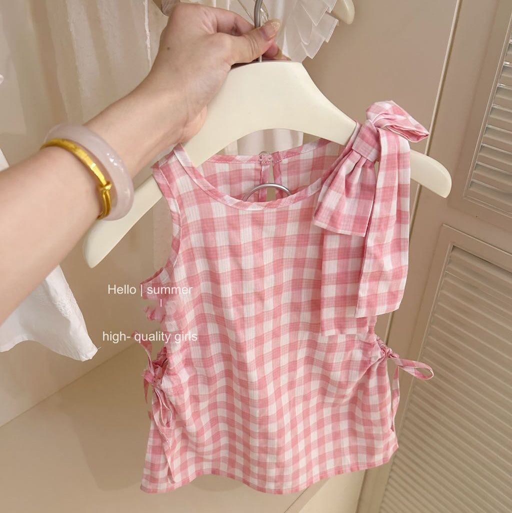 [Xianning Seven] Verano para niñas nuevo estilo rosa y blanco lazo chaleco falda bebé estilo occidental vestido coreano marea