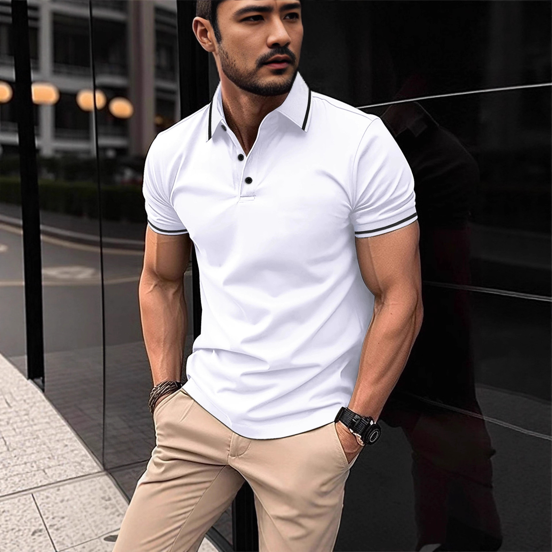 Ebay Amazon Cross-Border Digital 3D Printed Pure Color Stand-Up Collar Shirt Summer Men's Formal Wear Versatile Short-Sleeved Shirt
