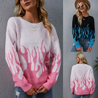 2022秋冬气质通勤粉色慵懒风套头欧美外贸跨境针织圆领印花毛衣女