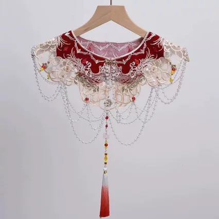 Red Hanfu cloud-shoulder collar, new Chinese-style festive New Year decoration, faux collar, women's tassel dress, small shawl, Chinese-style vest