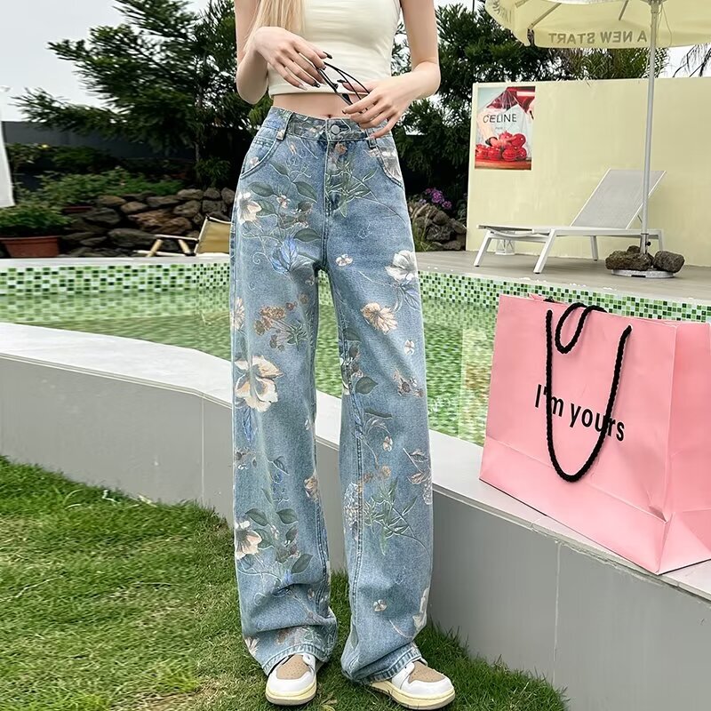 Printed Jeans Wide Leg Pants 2024 Summer New Thin Straight Flower Pants Retro Pants Mop Pants Women's Clothing