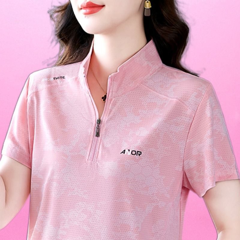 Summer New Short-sleeved Half-zipper T-shirt Women's Polo Shirt Fashionable Elegant Western-style Quick-drying Loose Slimming Breathable Women Summer New Short-sleeved Half-zipper T-shirt Women's Polo Shirt Fashionable Elegant Western-style Quick-drying Loose Slimming Breathable Women