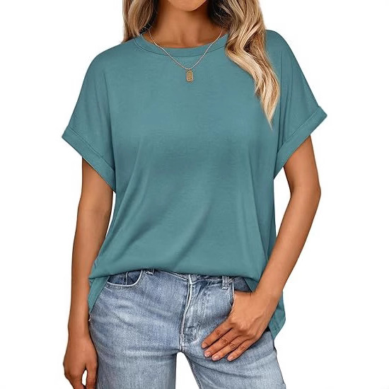TK2025 Europäische und amerikanische grenzüberschreitende Frühjahr/Sommer-Kollektion: Neues, lässiges Kurzarm-Shirt mit Rundhalsausschnitt in Unifarbe und lockerer Passform._voghion.com