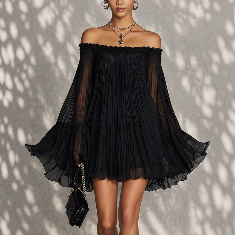 2026 Summer New Amazon Independent Station Black Off-Shoulder Backless Pleated Lantern Sleeve Mini Fashion Dress 2026 Summer New Amazon Independent Station Black Off-Shoulder Backless Pleated Lantern Sleeve Mini Fashion Dress