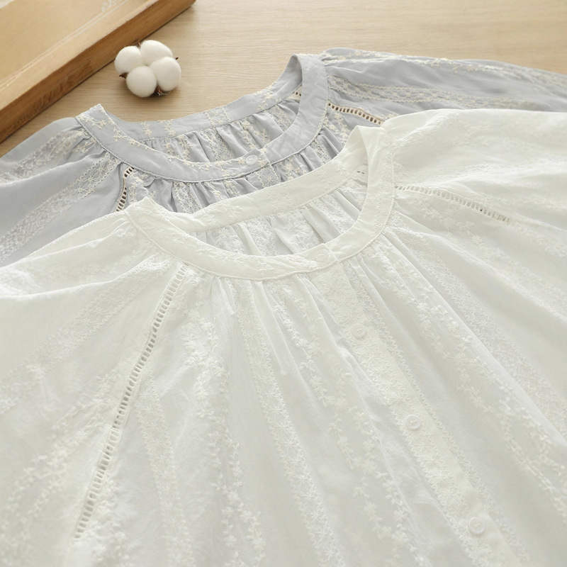 2025 Autumn Artistic Fresh Embroidered Daisy Ruffle Collar Pure Cotton Raglan Sleeve White Long Sleeve Women's Shirt Trend