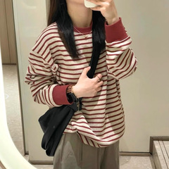 MISSMAR 韩系慵懒红色条纹圆领卫衣女秋季2025新款宽松休闲上衣