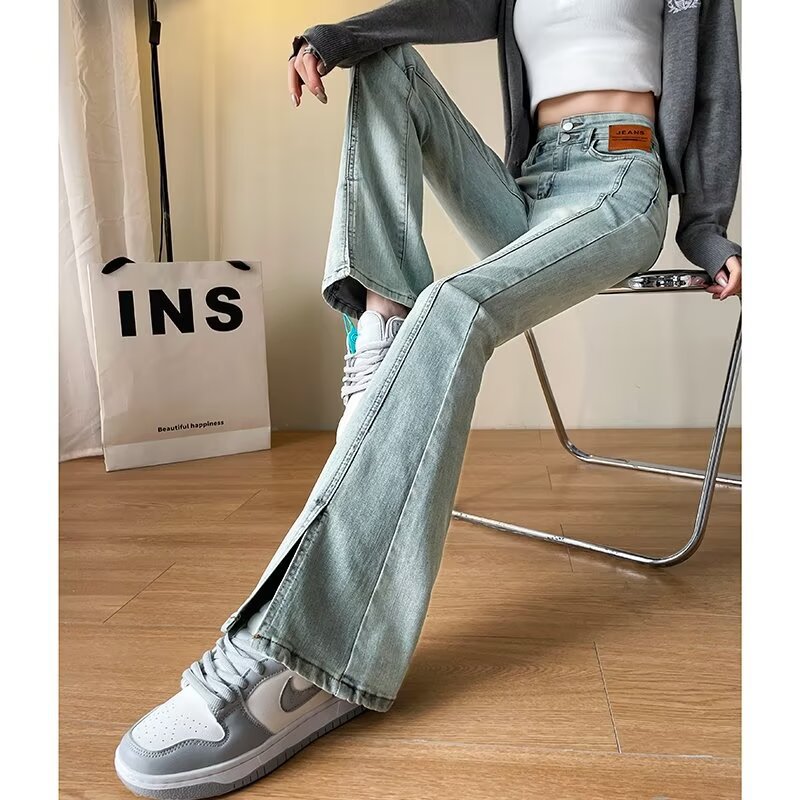 Vintage High Waist Micro Horn Jeans Women's Autumn and Winter 2024 New Slim Horseshoe Pants Small Wide Leg Pants