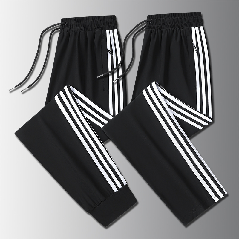 2025 Summer Ice Silk Sports Casual Pants Three-Stripe Nylon Cool Breathable Nine-Point Pants Men's Versatile Casual Wear