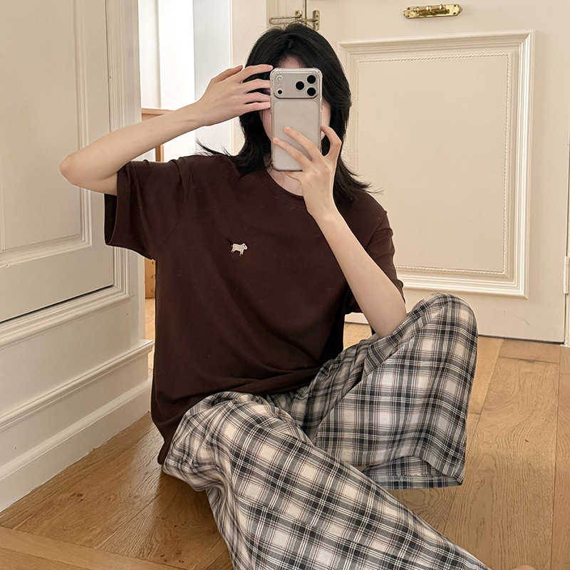 Zhai Xiaobei 26 Spring/Summer Little Horse Plaid Homewear for Women, Lyocell Cool Short-Sleeve Cotton Long Pants Pajamas, Can Be Worn Outside Zhai Xiaobei 26 Spring/Summer Little Horse Plaid Homewear for Women, Lyocell Cool Short-Sleeve Cotton Long Pants Pajamas, Can Be Worn Outside