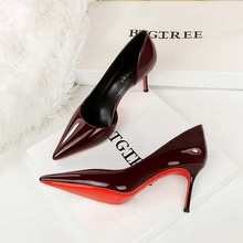 9268-A European and American style pointed high heels women's patent leather red sole sexy queen versatile slim heel side air temperament single shoe