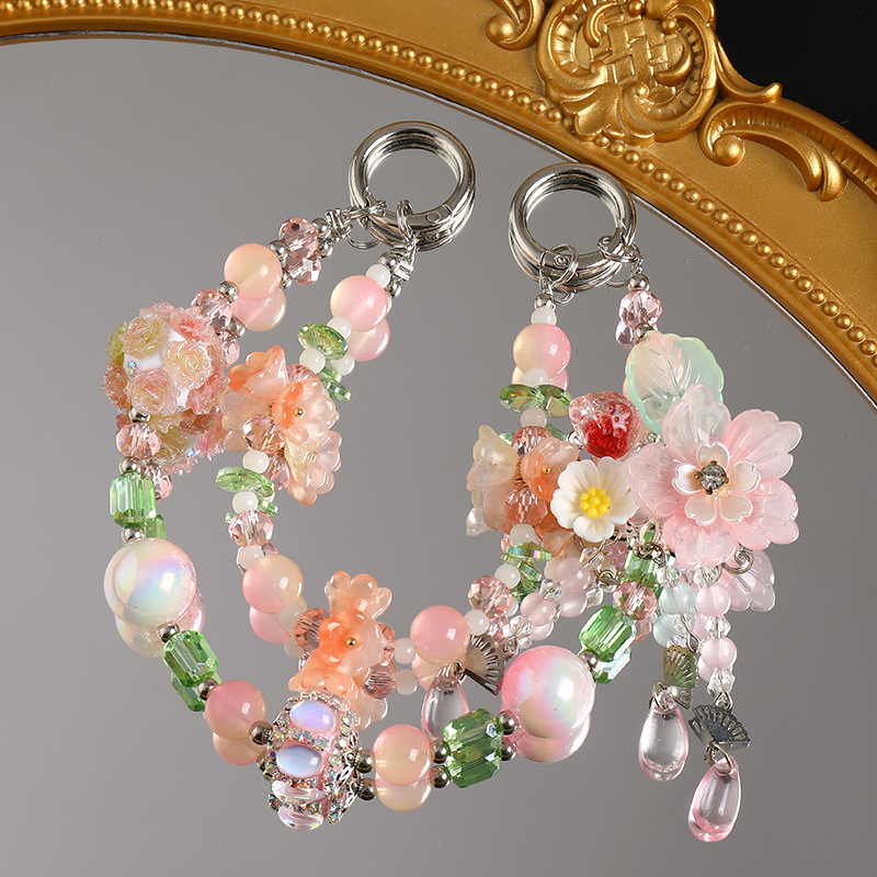 New best selling pink lily orchid mobile phone chain beaded heavy industry rich woman decorative back clip mobile phone chain live wholesale