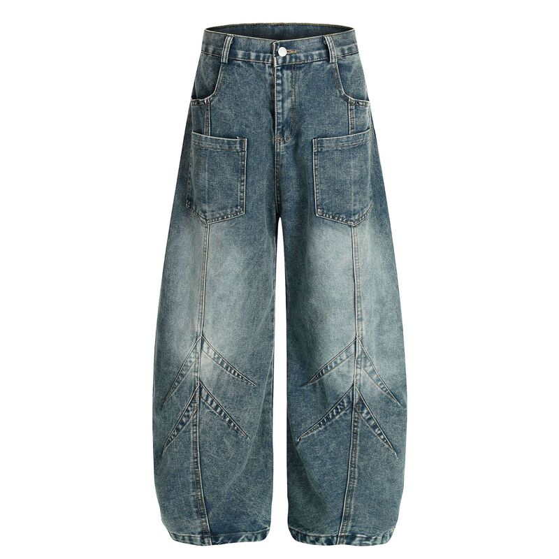 Niche Retro Washed Wide-Leg Jeans with Stereo Arrow Stitching and Multiple Flap Pocket Pantss, Loose Casual Pants for Men and Women