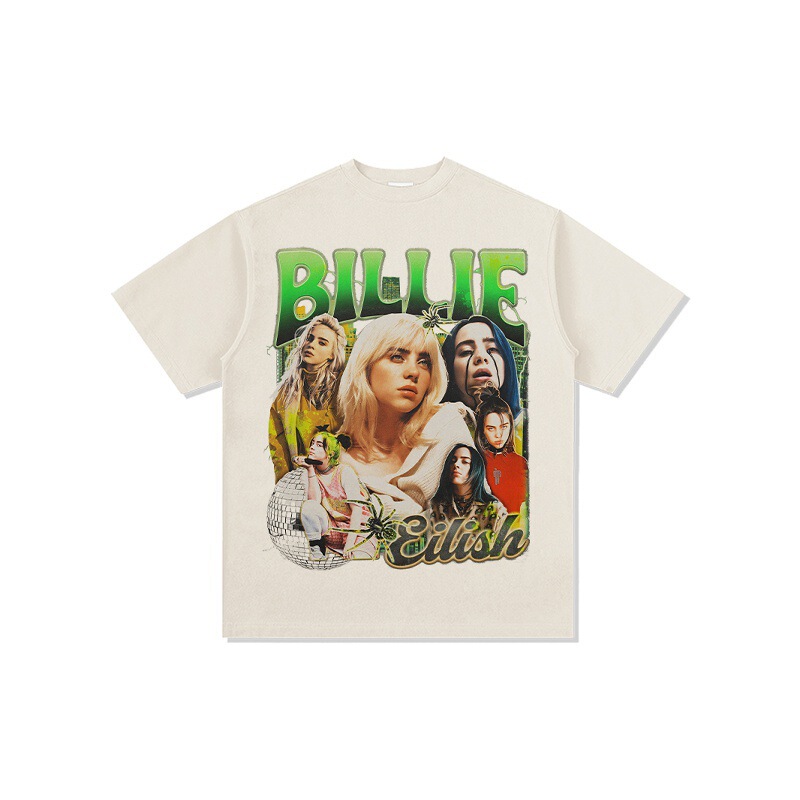 American Retro Billie Eilish Singer Printed Short-Sleeve T-Shirt with Heavy Wash and Hip-Hop Style American Retro Billie Eilish Singer Printed Short-Sleeve T-Shirt with Heavy Wash and Hip-Hop Style