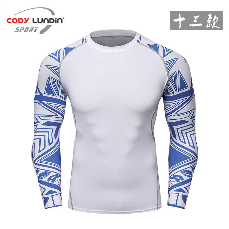 New Moisture-Absorbent Breathable Printed Bodysuit Long-Sleeved Compression Running T-Shirt Men's Fitness Wear A038