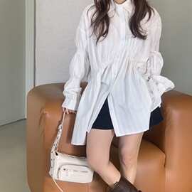 跨境 2026秋季韩系chic设计感打揽褶皱不对称单排扣长袖衬衫女