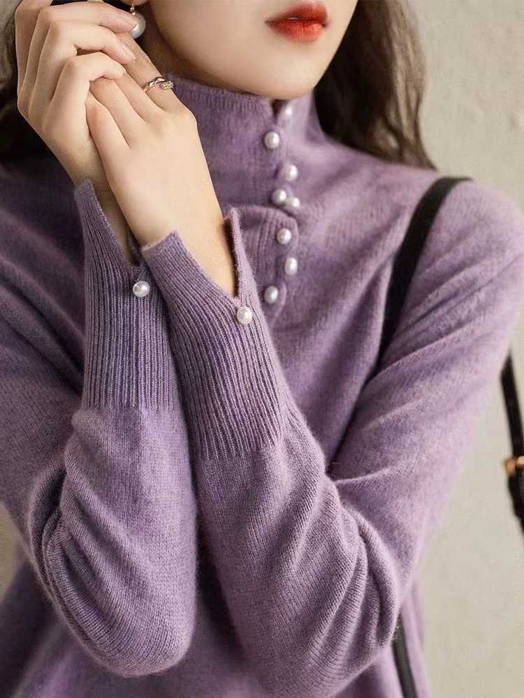 Craft Design Button Warm Turtleneck Comfortable Sweater For Women MLZY84274