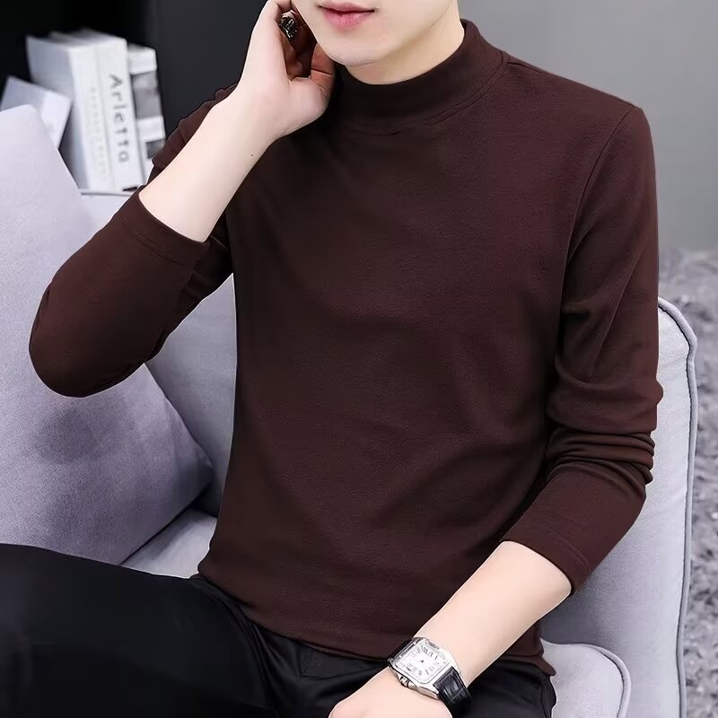 Fuente de fábrica de camisetas de manga larga de hombre primavera y otoño nuevo estilo de ropa de hombre delgado de algodón de cuello medio camiseta de color sólido
