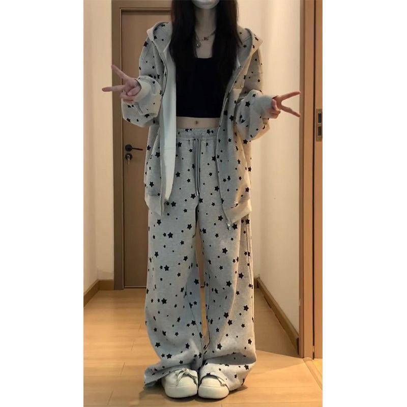 满印美式星星耳朵时尚套装秋季新款连帽卫衣开衫慵懒宽松两件套|undefined