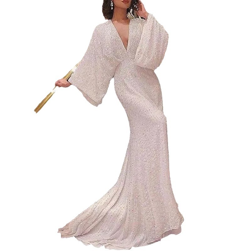 Vestido de Noche Elegante con Lentejuelas, Cuello en V, Manga Larga, Estilo Europeo y Americano, Nuevo en Amazon para 2025