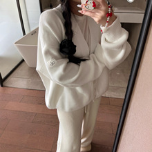 alo韩版软糯慵懒风针织衫套装秋冬新款开衫V领毛衣阔腿裤两件套女