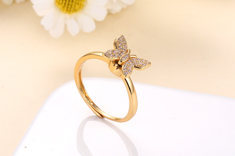 Zircon Inlay Material Anxiety Ring Classification Retro Butterfly Brass Plating Inlay Zircon 24k Gold Plated Rings