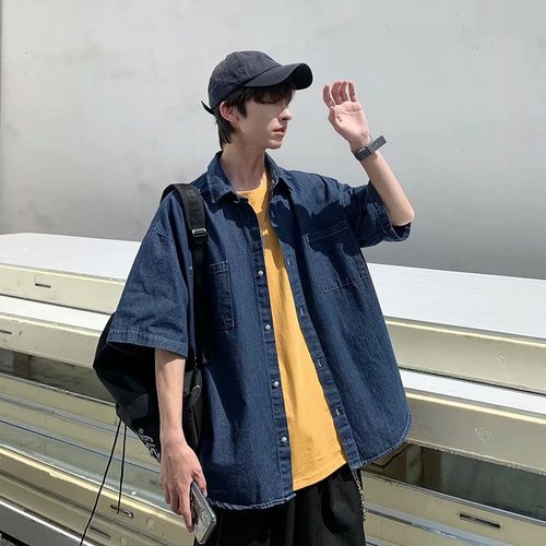 Men's Jeans Shirt, Korean Style, Fashion Summer Short Sleeve Jacket, Half Sleeve, Hong Kong Style, Bad Boy Chic, Workwear Compatible, Five-Finger Sleeve