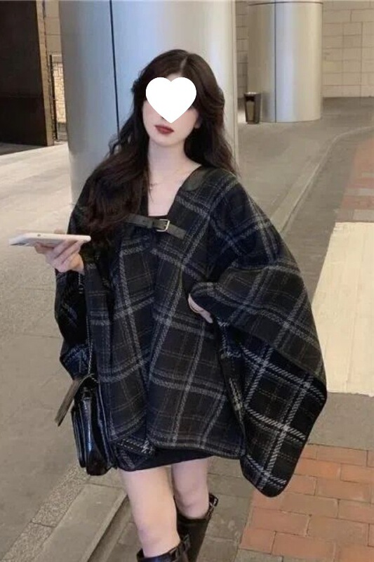 风黑色中长款格子毛呢外套女秋冬宽松百搭小个子斗篷披肩大衣|undefined