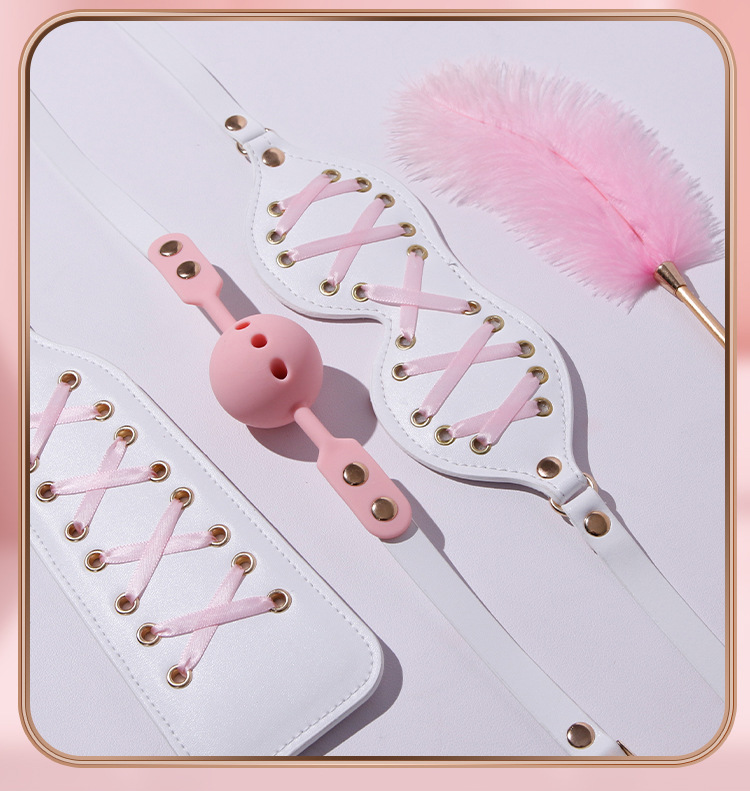 SM Ten-Piece Bondage Restraint Set with Collar and Leash in White PU Leather and Metal — detail image 23