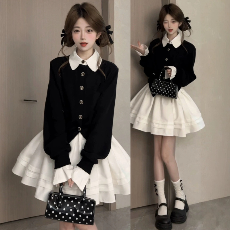 College-style early autumn outfit: a complete set featuring a color-blocked, two-piece look cardigan sweater and a pleated midi skirt College-style early autumn outfit: a complete set featuring a color-blocked, two-piece look cardigan sweater and a pleated midi skirt