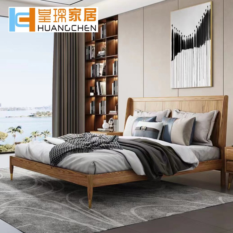Huangchen Modern bed minimalist winter and summer dual -use soft bed bedroom suite furniture white wax wood solid wood double bed