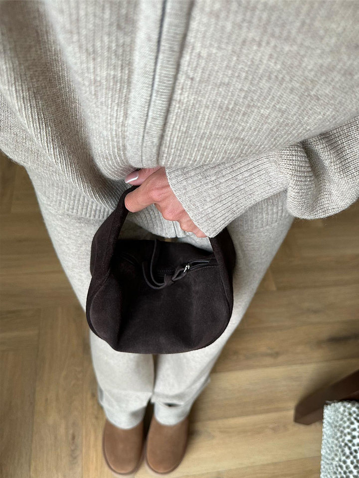 Bộ áo cardigan dệt kim khóa kéo phối quần dài ống rộng nữ — màu bột yến mạch, màu nâu, màu xám, trắng chi tiết 68