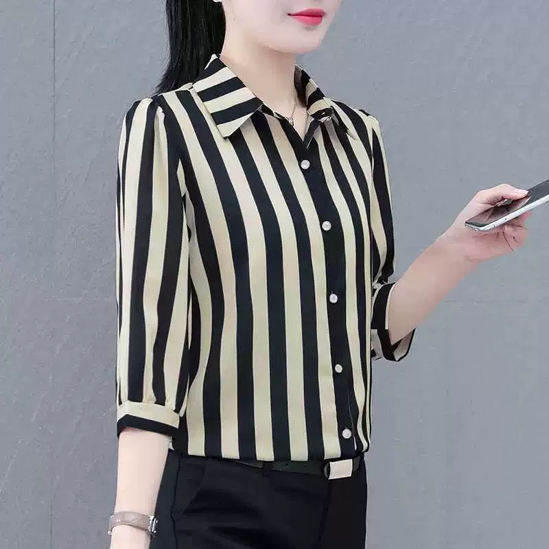 Женская полосатая рубашка с рукавом три четверти, новый летний стиль, свободная и тонкая шифоновая рубашка для мам, темпераментный топ