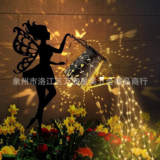 欧式铁艺花园复古花仙子地插户外庭院太阳能仙女天使花插牧羊钩
