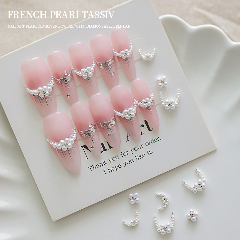 Manicura francesa, pila de perlas, joyería de diamantes, nueva perla, flor de diamantes, tamaño, media luna, bola de diamantes para uñas, joyería