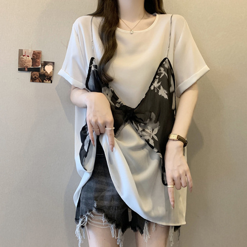 Fake two-piece chiffon short-sleeve T-shirt for women, summer, plus-size, loose-fitting, belly-covering, mid-length, oversized, stylish floral top