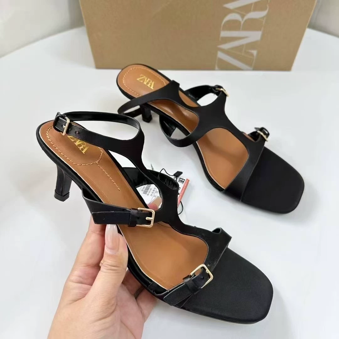 Zara, черный модный ремень с низким вырезом и стропой, сандалии, Испания