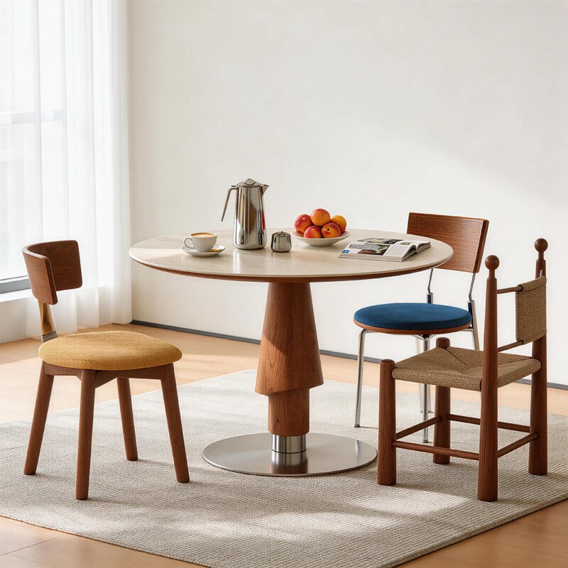 Medieval-Style Round Christmas Tree Dining Table for Small Apartments, Made of Solid Wood and Travertine, with Dining Table and Chair Set