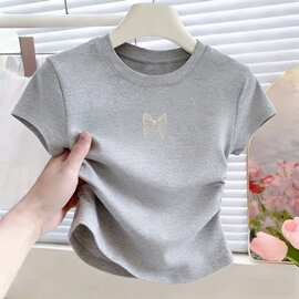 外贸批发纯棉3D仿刺绣卡通图案女童洋气短袖衣服夏季宝宝上衣T恤