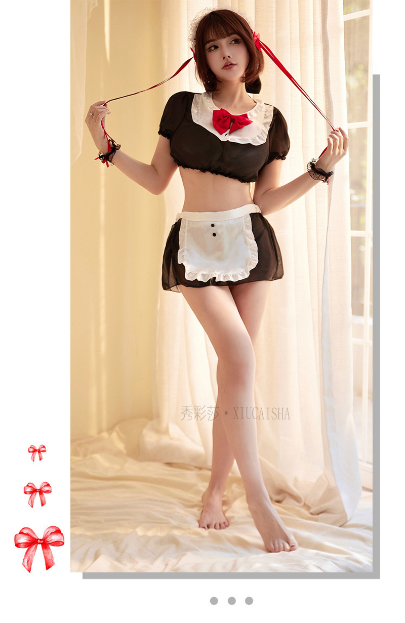 Maid Roleplay Lingerie Set with Headpiece, Top, Skirt, Thong and Wristbands — detail image 8