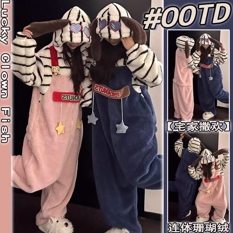 Snoopy Coral Velvet One-Piece Pajamas for Women in Autumn and Winter Cute Couple Fleece-Lined Thickeneded Warm Pajamas Home Clothes for Men